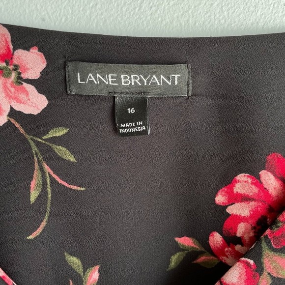 Lane Bryant Black Floral Peasant Button Up Top Ladies Career Blouse, 16 - Picture 3 of 7